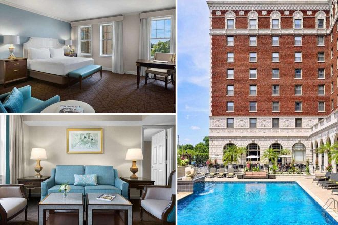 A collage of three hotel photos to stay in St Louis: A cozy bedroom featuring a large bed with a white comforter and leather headboard, a spacious living room with modern furnishings and a view of the Arch, and a rooftop pool area with a scenic backdrop of a bridge and city skyline.